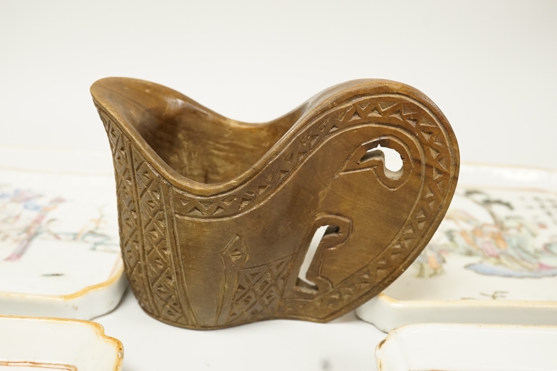 A set of four Chinese famille rose square dishes, late 19th century, and a carved wood pouring vessel, dishes 13.5cm square